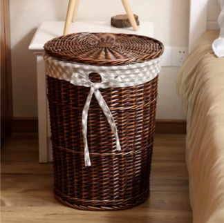 Panier à Linge en Rotin Style Vintage — Avec Couvercle & Doublure Tissu