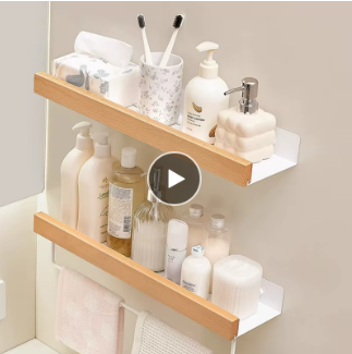 Étagère Murale Salle de Bain en Bois — Support Douche Sans Perçage