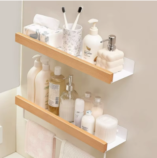Étagère Murale Salle de Bain en Bois — Support Douche Sans Perçage