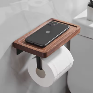 Porte-Papier Hygiénique en Bois Massif — Support Mural avec Étagère Téléphone